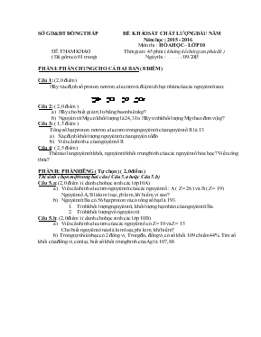 Đề khảo sát chất lượng đầu năm năm học  2015 - 2016 môn thi  Hóa học  Lớp 10